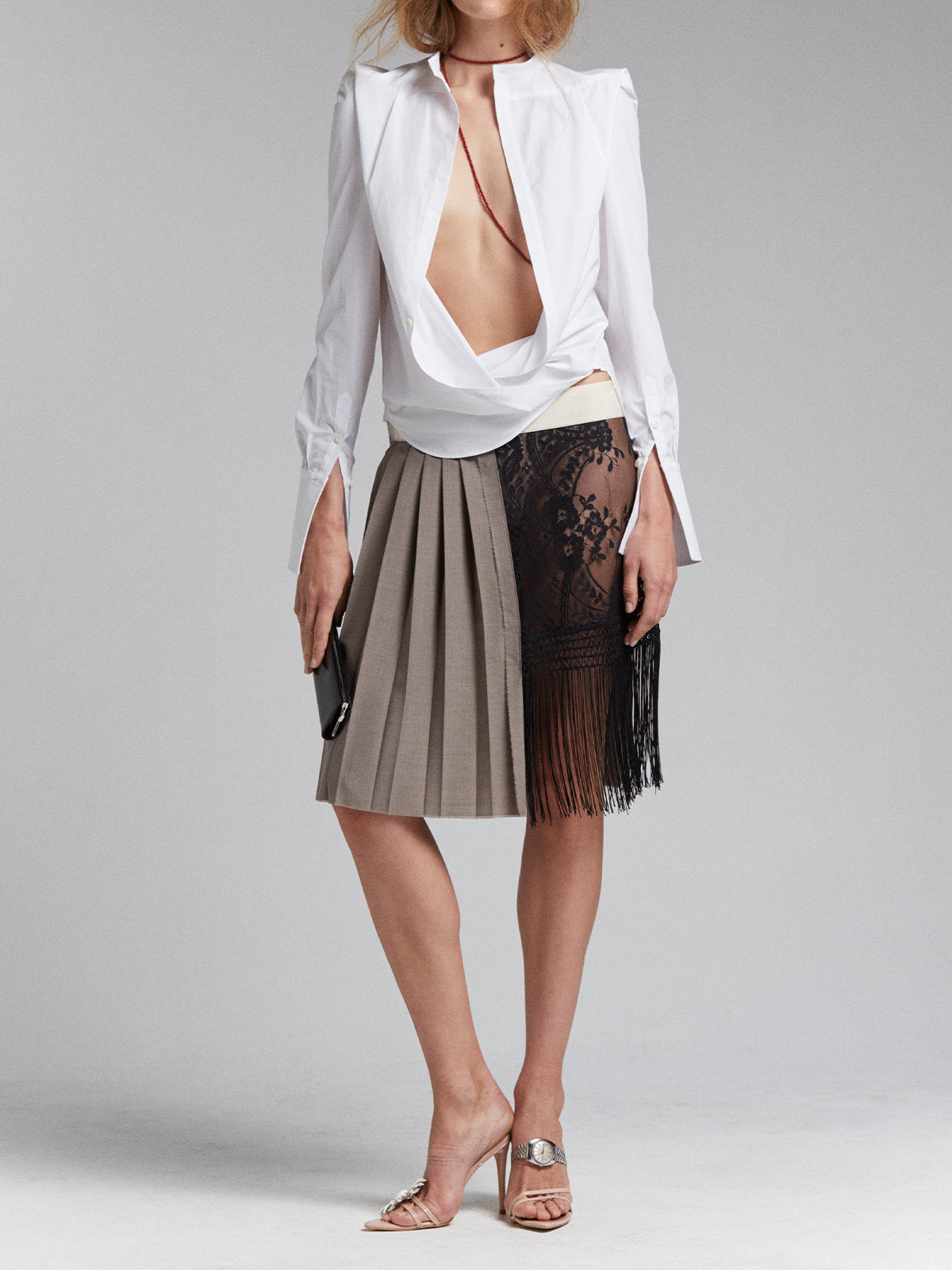 COMBO PLEATED WRAP SKIRT IN FAWN/BLACK/CREAM
