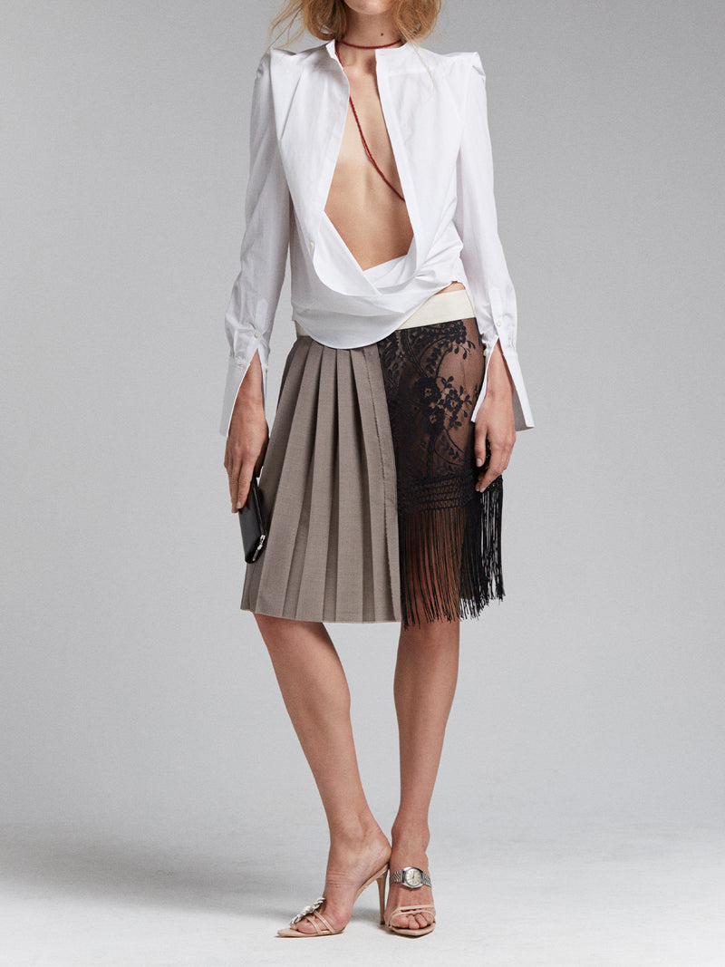 COMBO PLEATED WRAP SKIRT IN FAWN/BLACK/CREAM