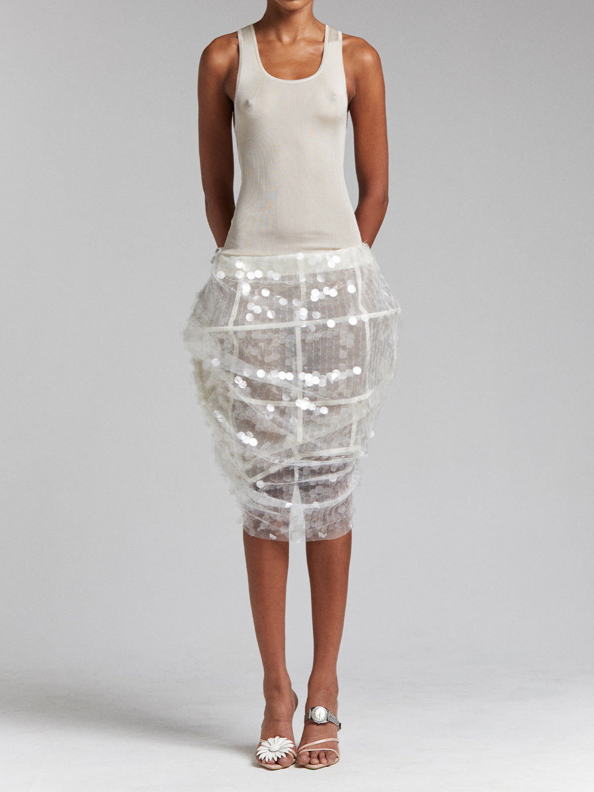 SEQUIN BUSTLE SKIRT IN WHITE