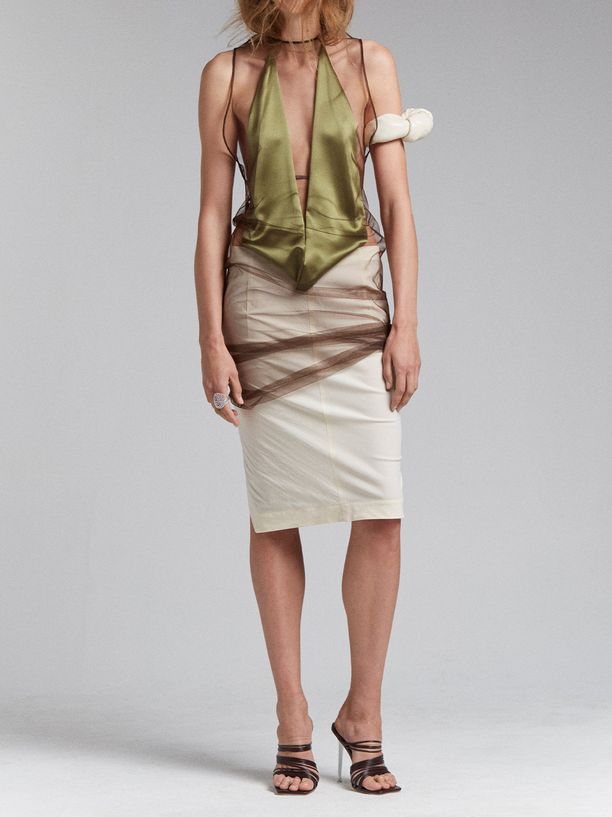 ENCASED BACKLESS DRESS IN JADE/CREAM/MOCHA