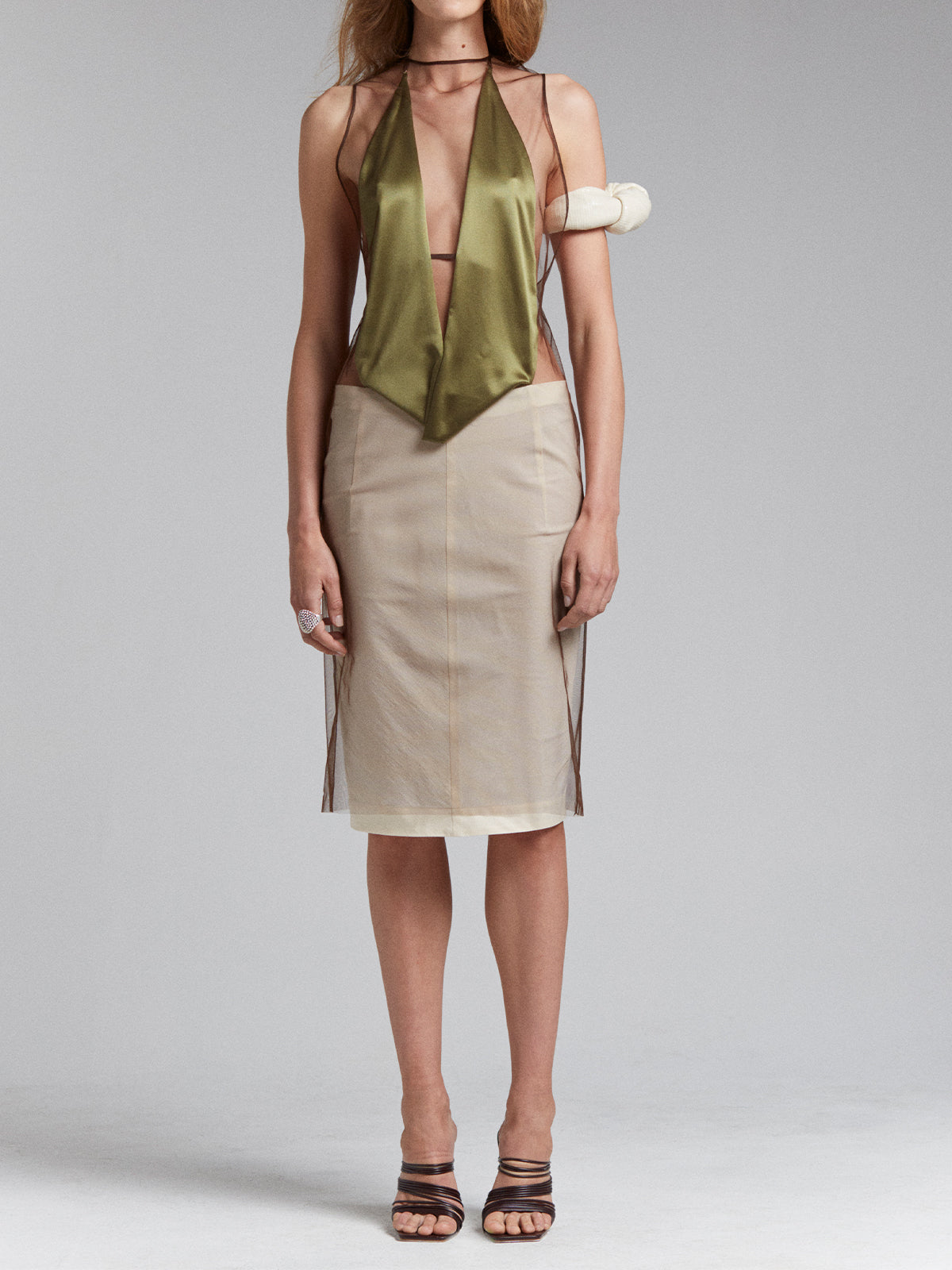 ENCASED BACKLESS DRESS IN JADE/CREAM/MOCHA